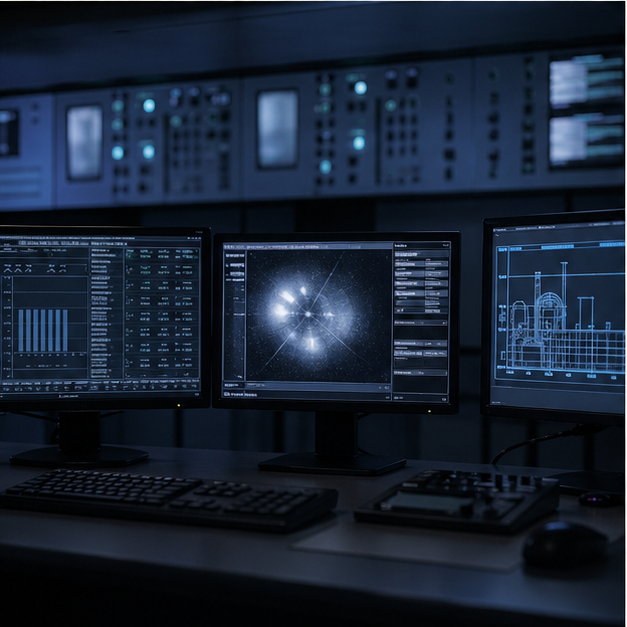 Control room style monitors with abstract technical imagery