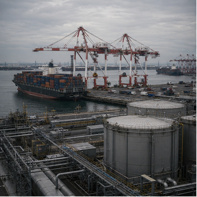 Import port with containers and fuel tanks
