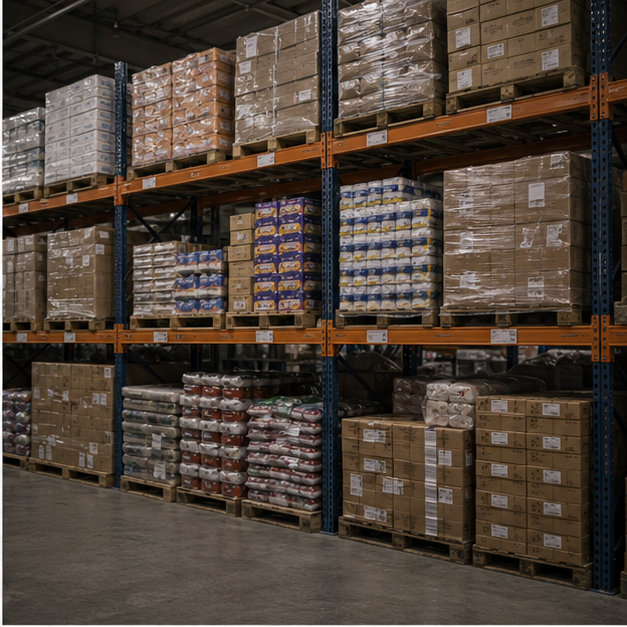 Warehouse shelves with food and household goods