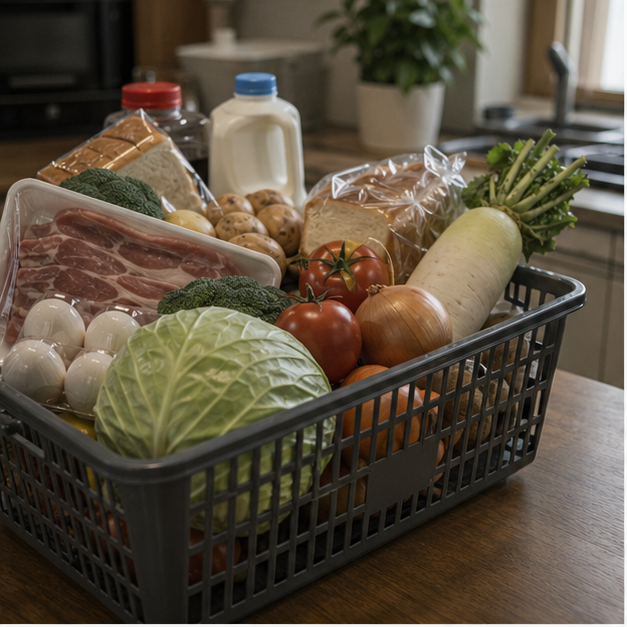 Grocery basket on a kitchen table with no visible labels
