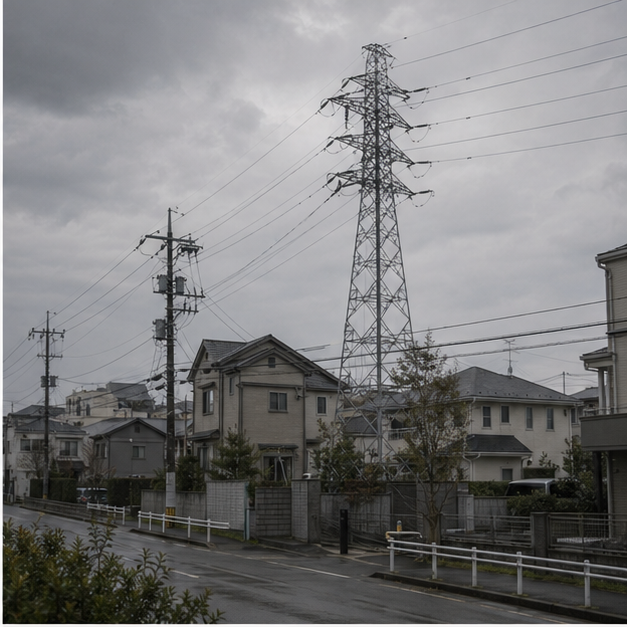Neighborhood power infrastructure under gray sky