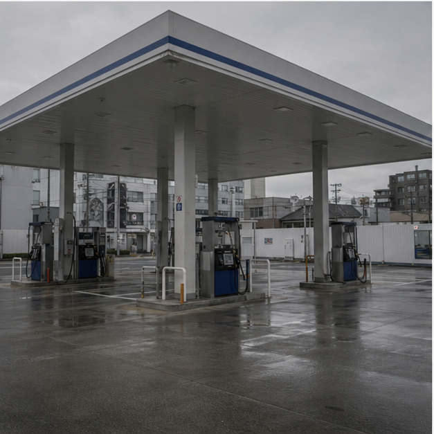 Quiet gasoline station scene without branding or people