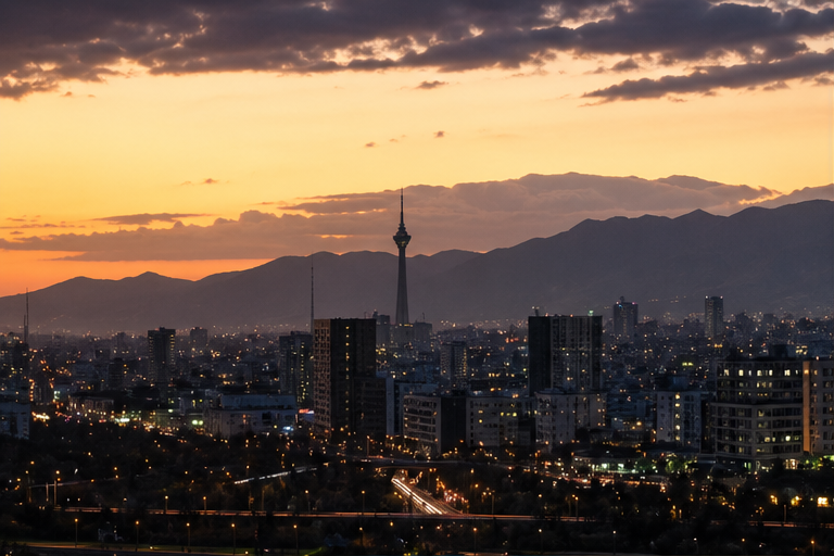 Tehran like skyline at dusk with mountains in the distance