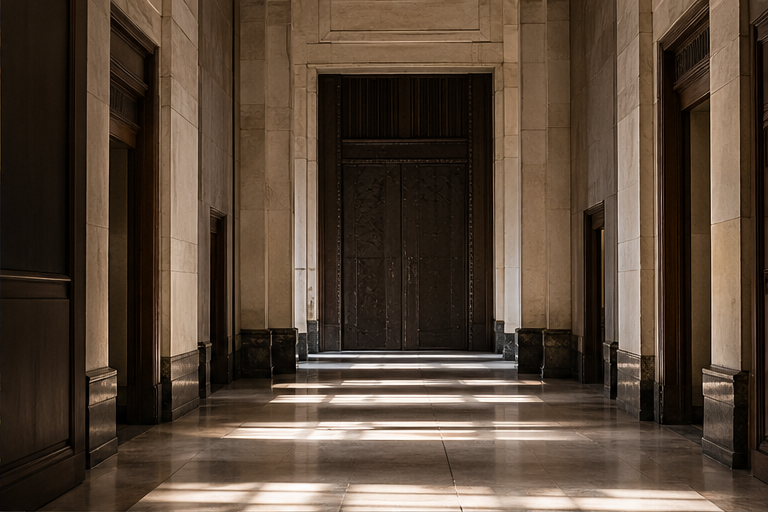 Austere government corridor with heavy doors and dramatic natural light