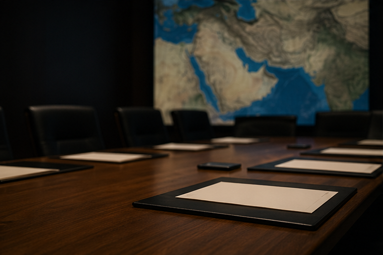Command room style table with blank documents and a blurred regional map