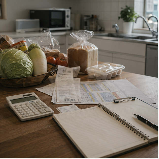 Household utility bills and groceries on a table with no readable text