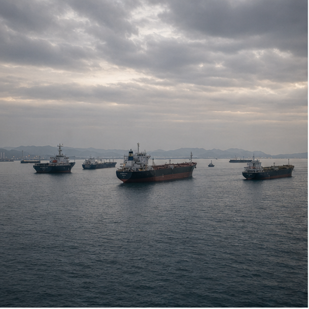 Cargo ship at anchorage under overcast sky