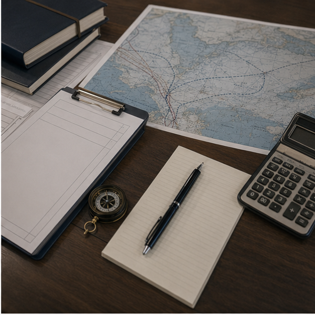 Marine insurance desk with blank policy papers and route map