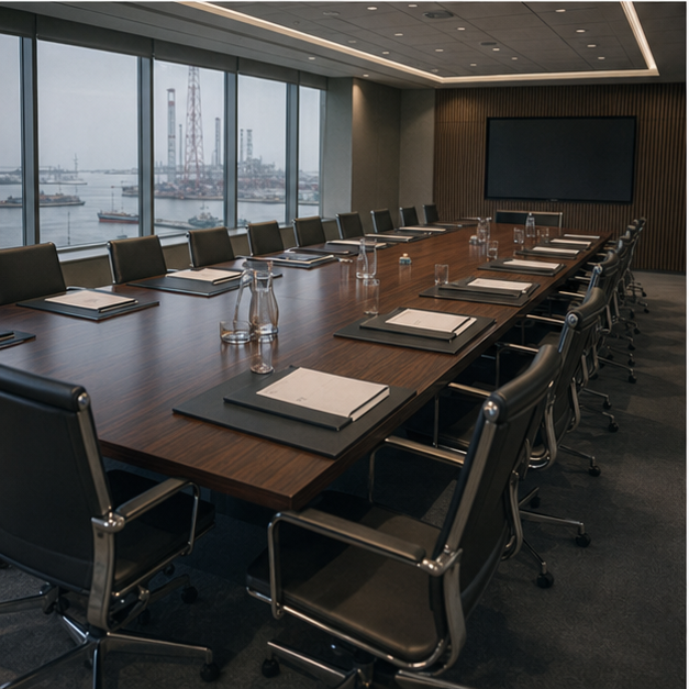 Port authority or underwriting meeting room with empty chairs