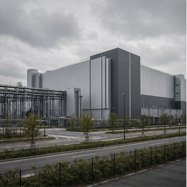Advanced chip fab exterior under cloudy sky