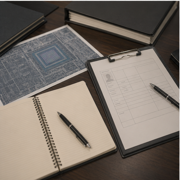 Strategy desk with blank personnel files and semiconductor diagrams