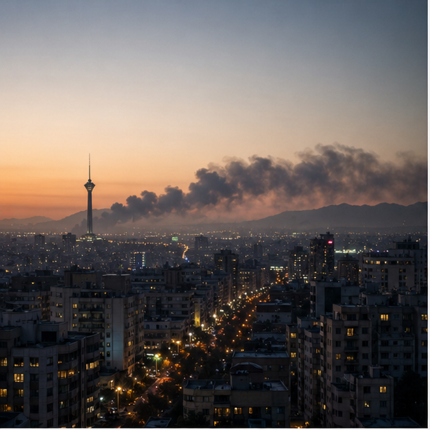 Tense Middle Eastern city skyline at dusk with distant smoke haze
