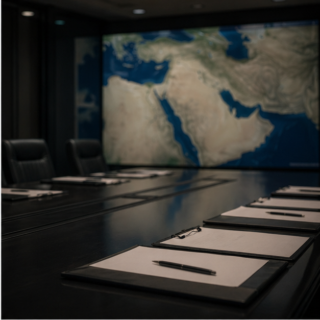 Command room table with blank briefing papers and a blurred regional map
