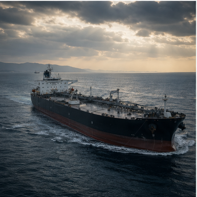Oil tanker in strategic waters under dramatic but believable light