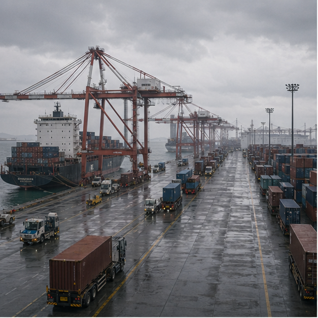 Export container terminal under gray sky