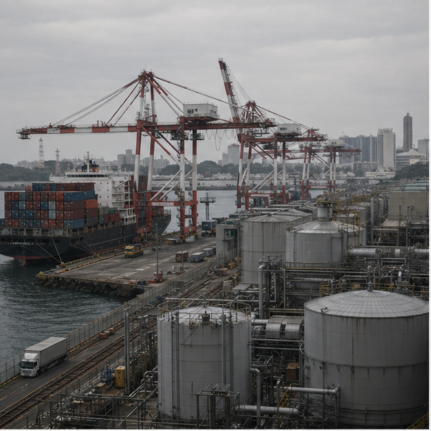 Port import scene with containers and fuel infrastructure
