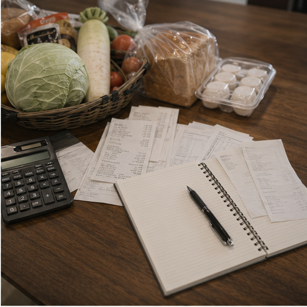Household spending desk with receipts and groceries but no readable text