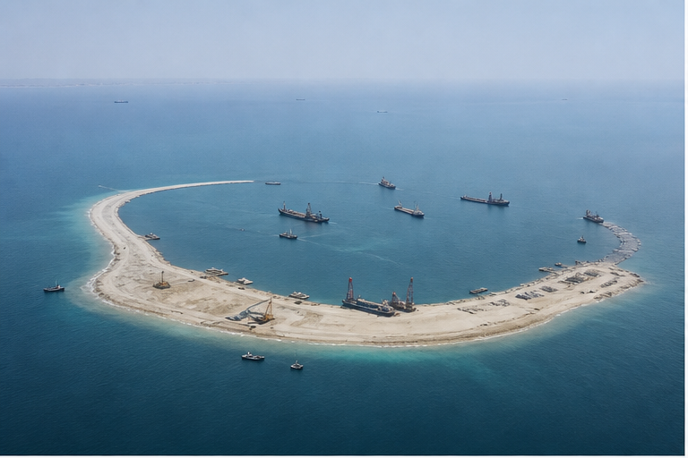Editorial image of reef reclamation and South China Sea shipping routes