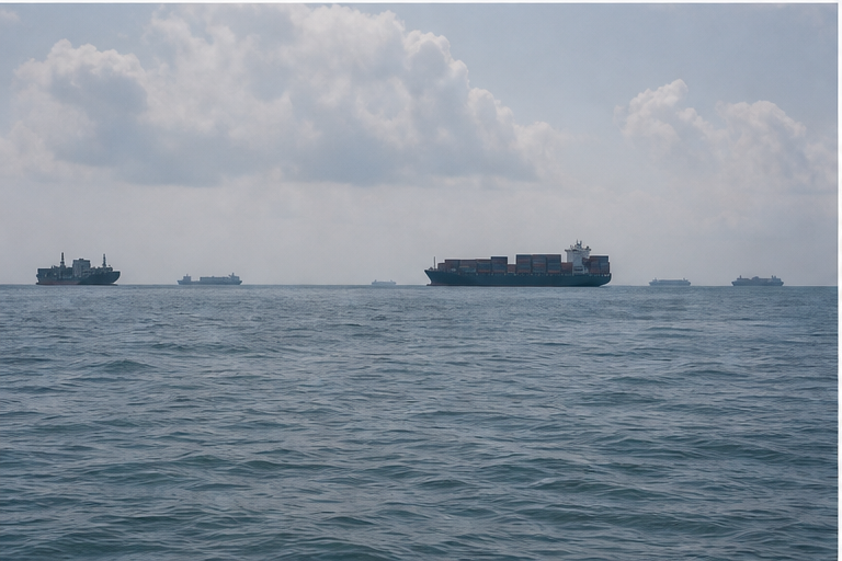 Editorial image of reef reclamation and South China Sea shipping routes