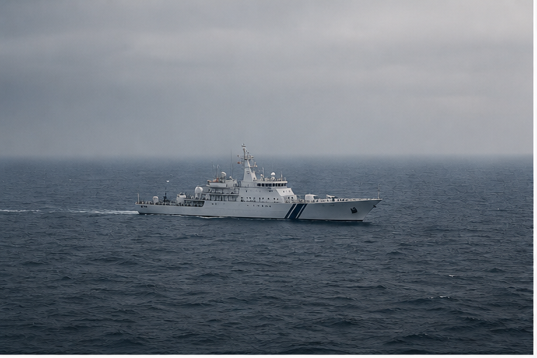 Unmarked patrol vessel in gray offshore waters