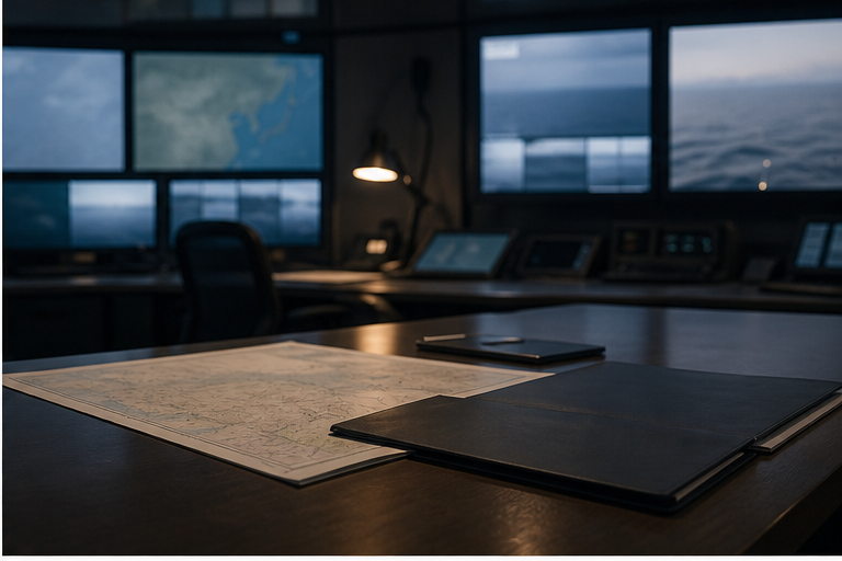 Maritime desk with blurred monitoring screens