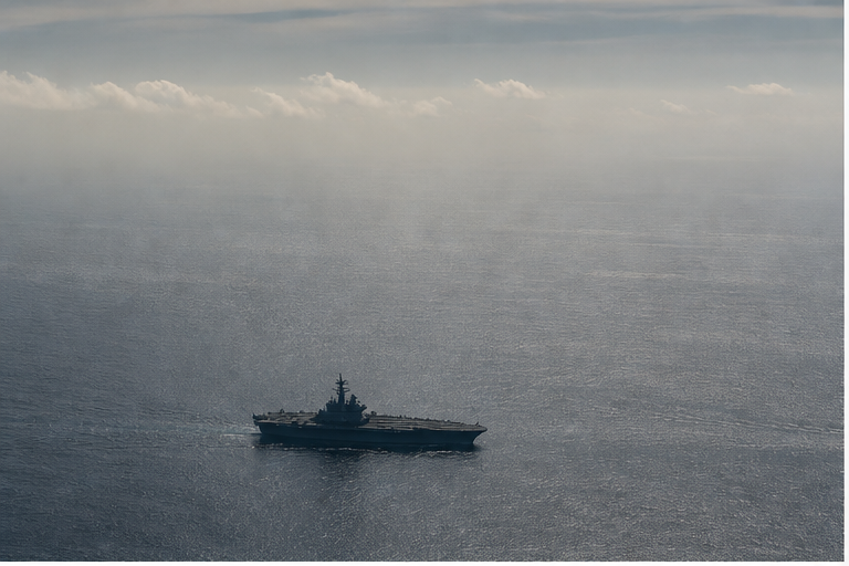 Aircraft carrier crossing a gray Philippine Sea