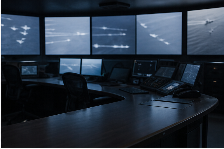 Maritime monitoring room with blurred screens