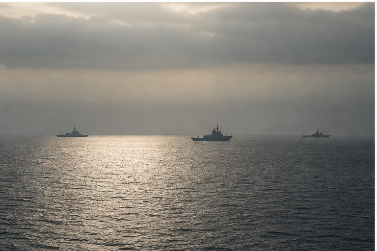 Escort silhouettes spread across open water