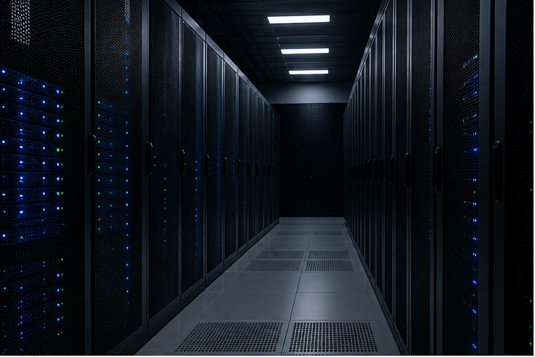 Server room aisle with blue lights