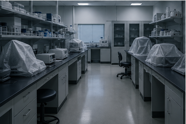 Empty laboratory bench with covered equipment