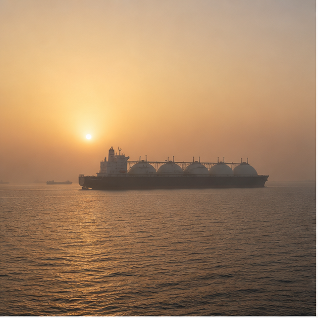 Editorial image of LNG shipping, port pipelines, marine navigation, and energy storage