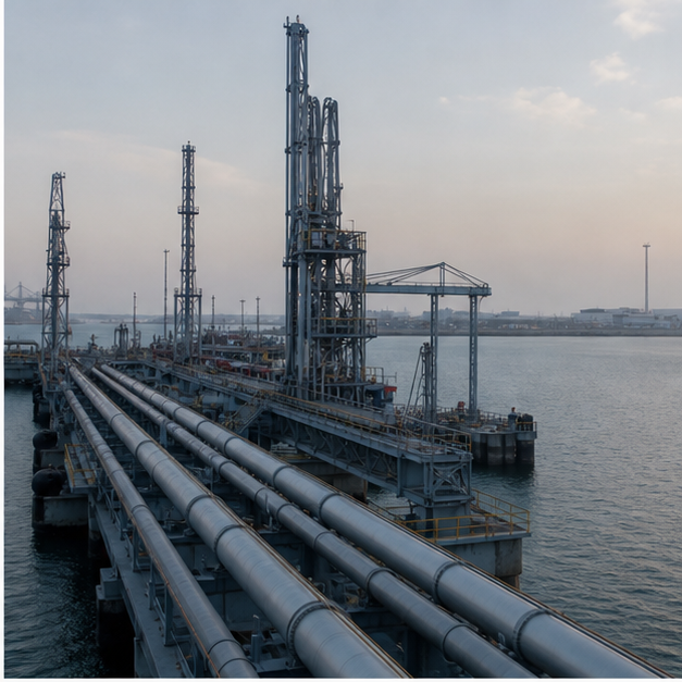 Editorial image of LNG shipping, port pipelines, marine navigation, and energy storage