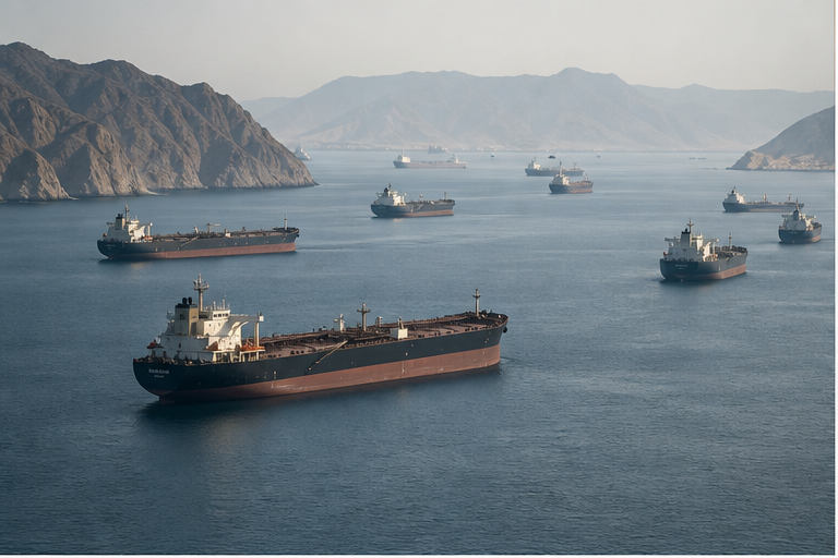 Editorial image of tankers and refinery infrastructure under shipping disruption risk
