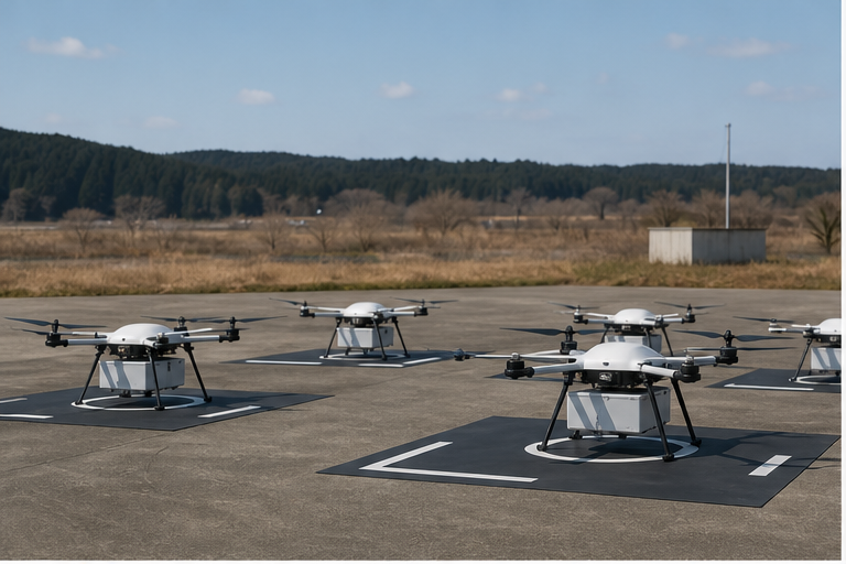 Editorial image of multiple drones used for logistics and infrastructure inspection