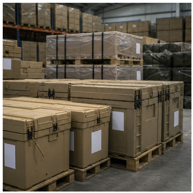 Military logistics crates and port supply imagery