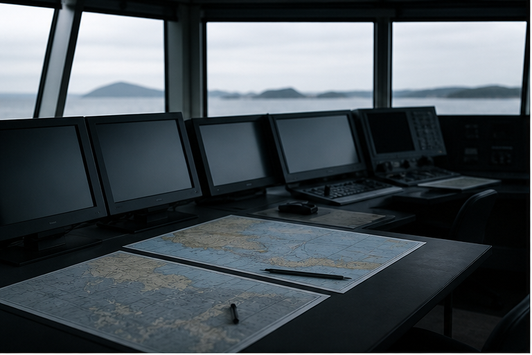 Coastal command desk with blank screens