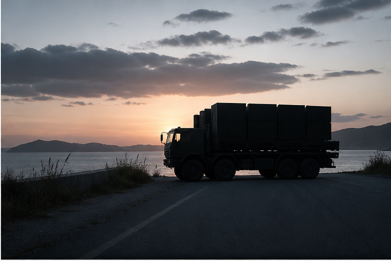 Unmarked coastal defense vehicle near the sea