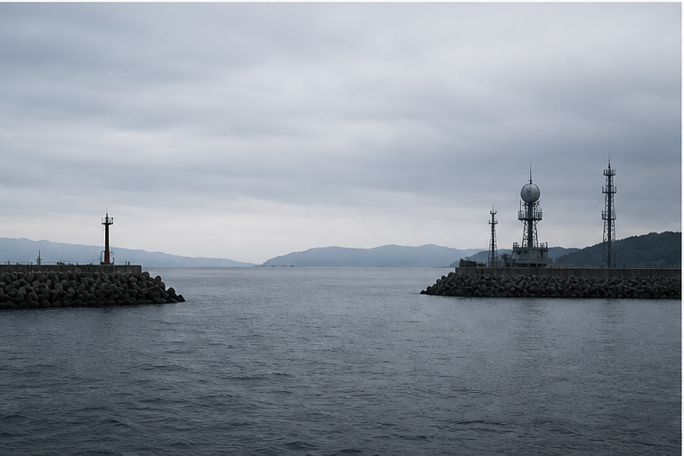 Quiet harbor entrance under gray sky