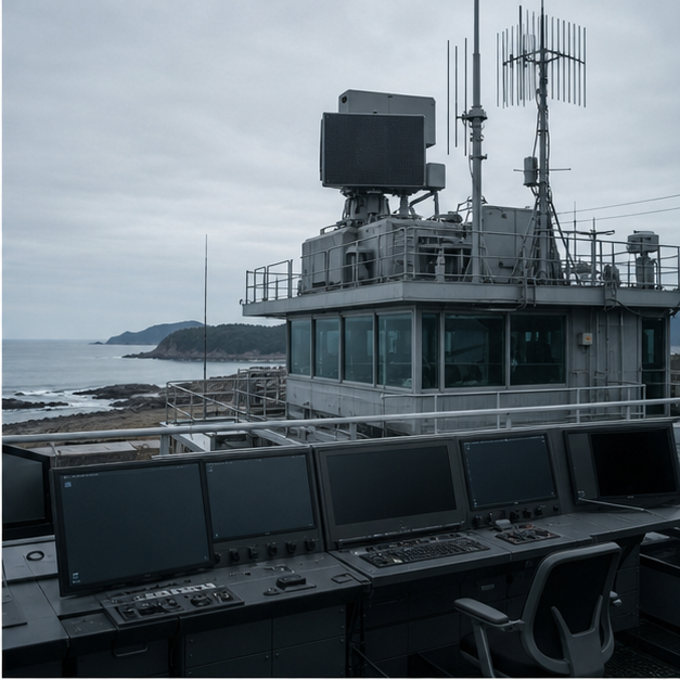 無人装備と整備区画が並ぶ防衛施設