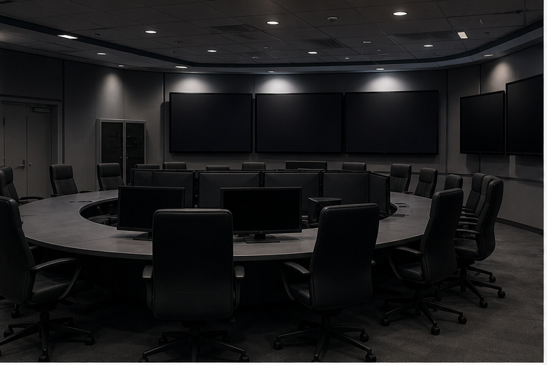 Empty defense coordination room with blank screens