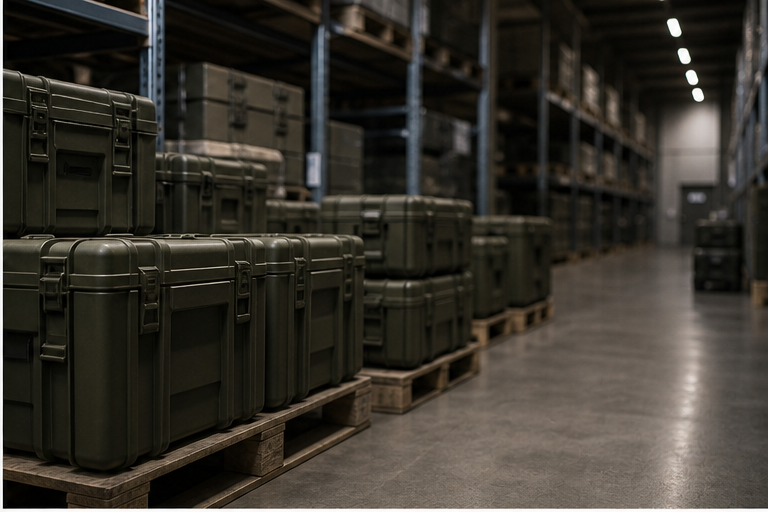 Logistics crates in a quiet warehouse