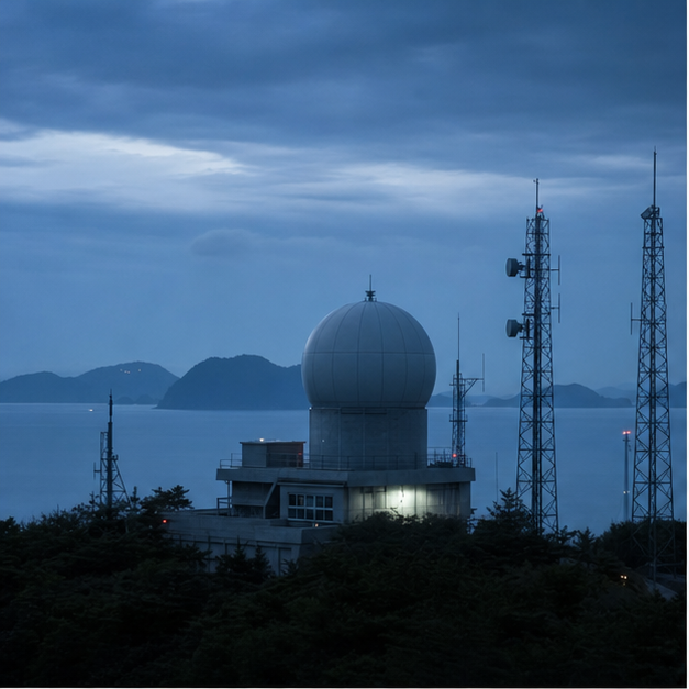 Editorial image of coastal radar, defense analysis, naval vessel, and secure port infrastructure