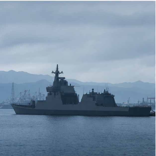Editorial image of coastal radar, defense analysis, naval vessel, and secure port infrastructure