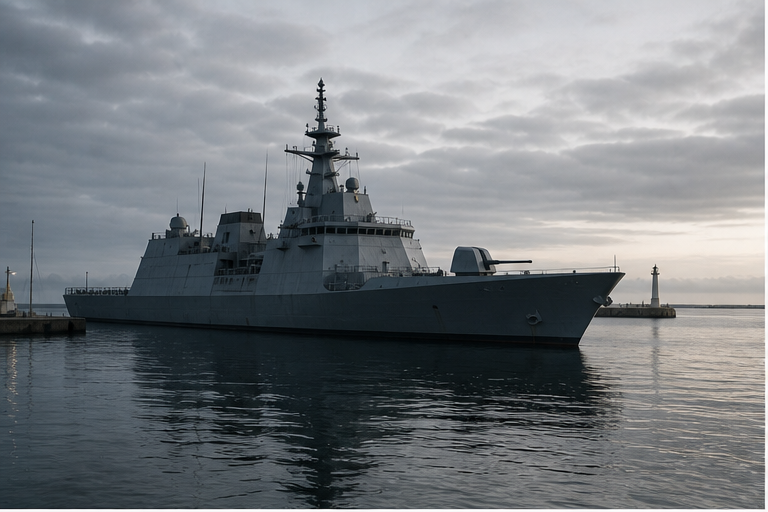Modern unmarked frigate in a gray harbor