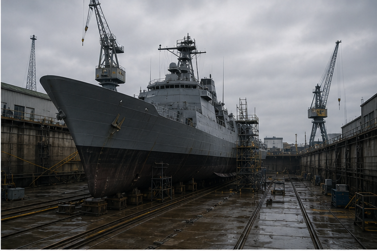Naval hull under maintenance in a dry dock