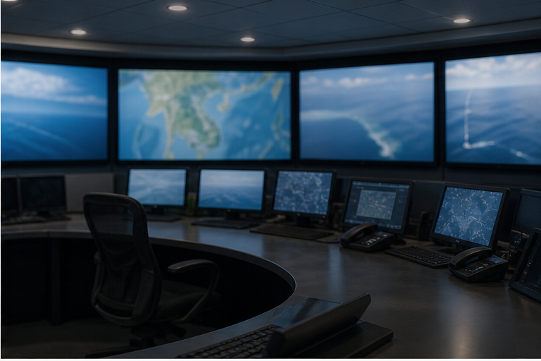 Coastal command room with blurred screens