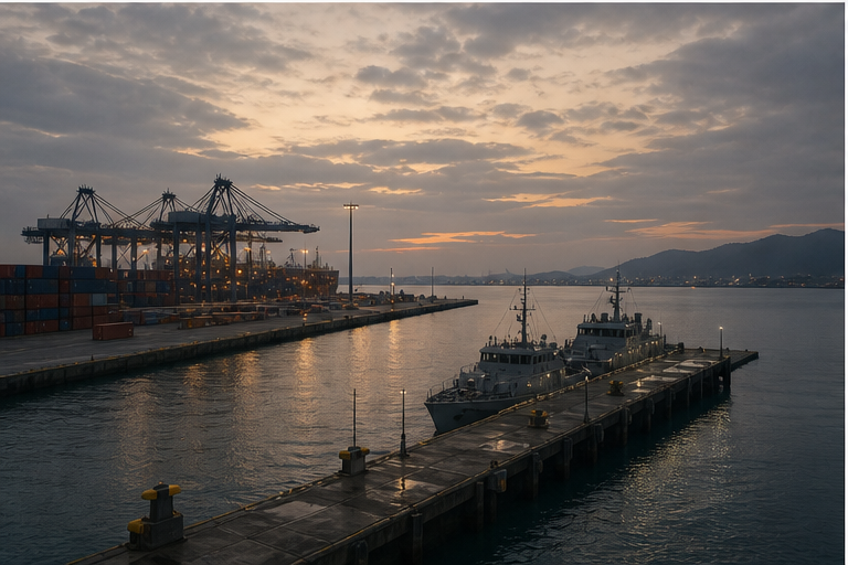 Quiet port and patrol pier at evening