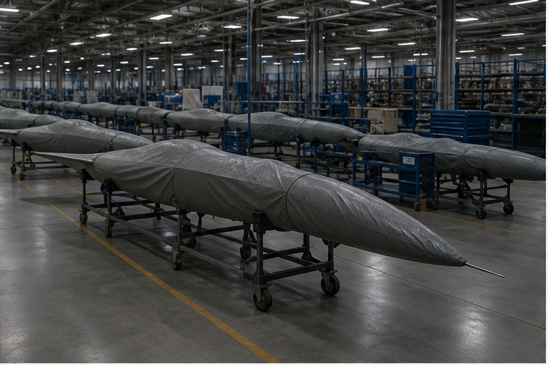 Unmarked airframes in an empty assembly hall