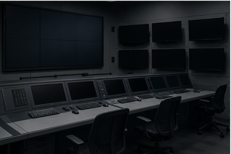 Air defense room with blank screens