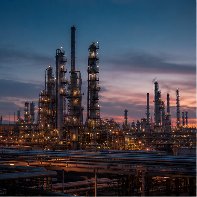 Editorial image of a refinery at dusk